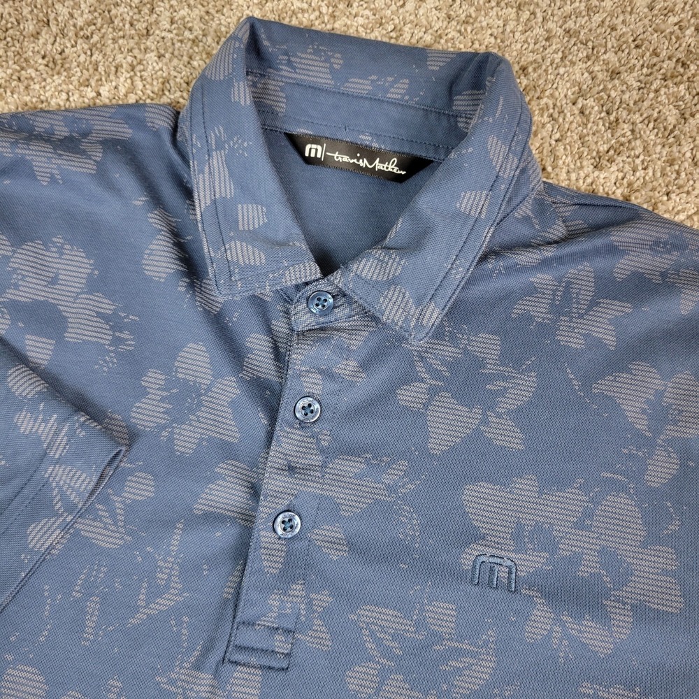 Travis Mathew Mens Medium Gray AOP Floral Performance Stretch Polo Short Sleeve